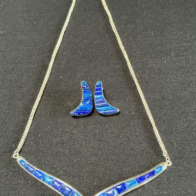 Sterling Silver 18”-20” Chevron Lapis Necklace & Earrings 