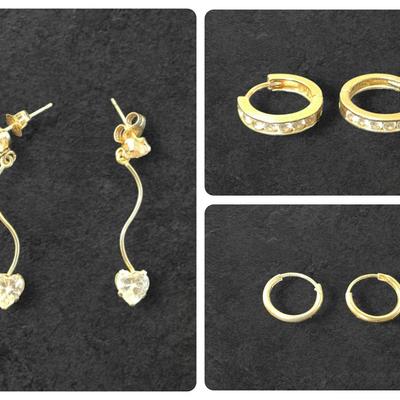 14k Earrings (3 Pairs) CZ Dangle, CZ Hoop, Small Hoop (3.23 Grams Total)