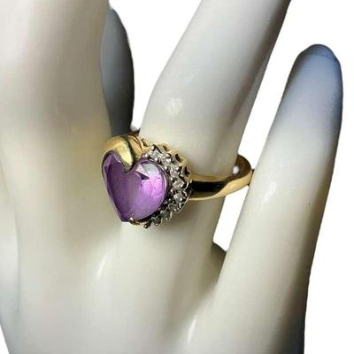 14K Gold Amethyst Diamond Heart Ring (Size 6.5) (4.62 Grams)