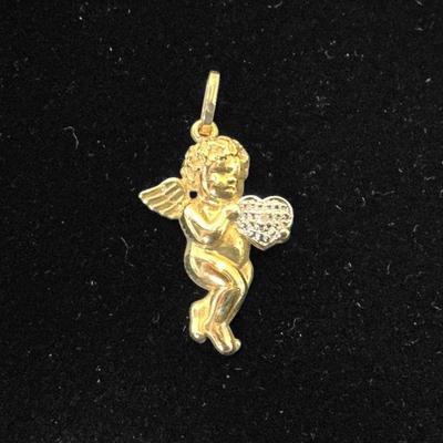 14k Gold Diamond Heart Cherub Pendant (1.52 Grams)