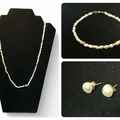 14k Gold Clasp Freshwater Pearl Necklace, Earring, Bracelet Set 
