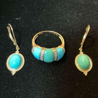 14k Gold Blue Stone Ring & Earring Set (Ring Size 7) (Total Weight 6 Grams) 
