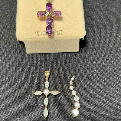 Set Of 3 10kt gold Diamond And Amethyst Pendants 