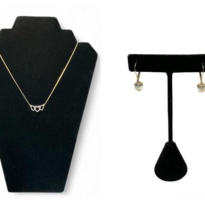 14k Gold Diamond Heart Necklace & 14k Gold CZ Earrings (Total Weight 6 Grams)