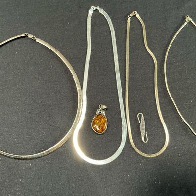 Sterling Silver Omega And Herringbone Necklaces With Pendants 
