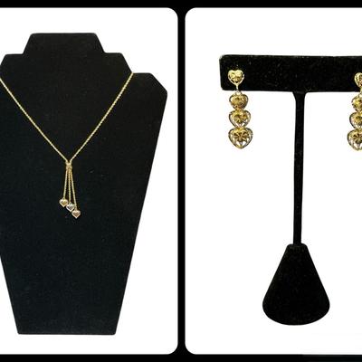 14k Gold Tricolor Heart Necklace & 14k Graduated Heart Earrings (6.32 Grams)