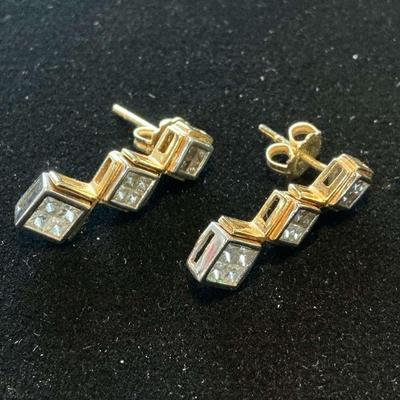 14k Gold Diamond Triple Princess Cut Diamond Dangle Earrings (4.19 Grams)