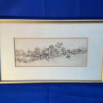 F. J. Herbel Antique Ink Riverside Landscape (8.5 x 14.5)