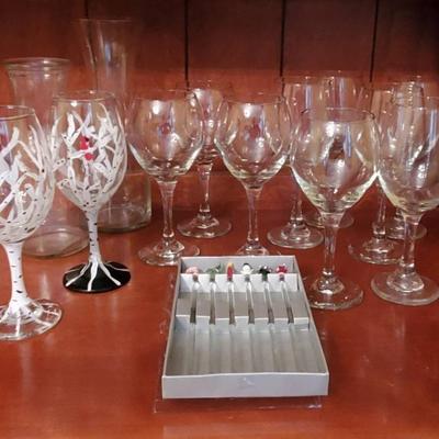 Wine Glasses, Carafes and Holiday Drink Stirrers