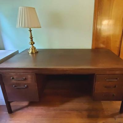 Large Wood Desk with Brass Base Lamp