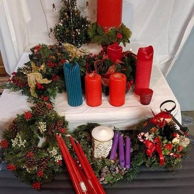 Collection Of Holiday Candles and Faux Greenery 