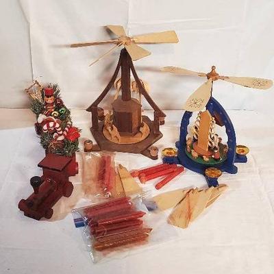 (2) Pyramid Candle Windmills and (1) Wooden Train