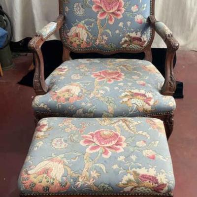 Louis xv style blue floral open arm chair with foot rest