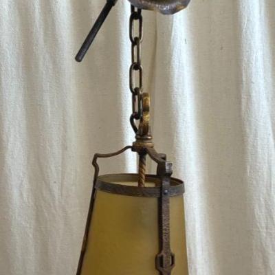 Early arts crafts hammered brass fixture, amber glass shade