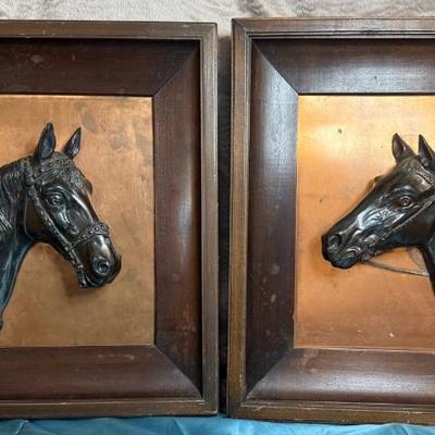 Pair vintage framed copper equestrian horse head in relief