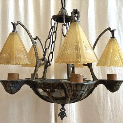 Vintage 5 light art deco slip shade chandelier