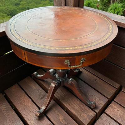 Duncan phyfe pedestal drum table w leather gilt tooled edge