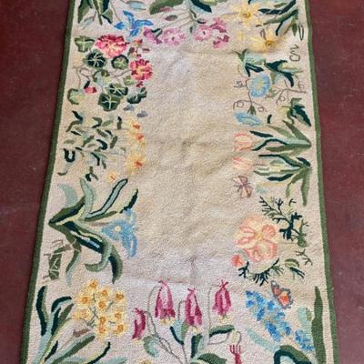 Hooked scatter rug floral and insect pattern