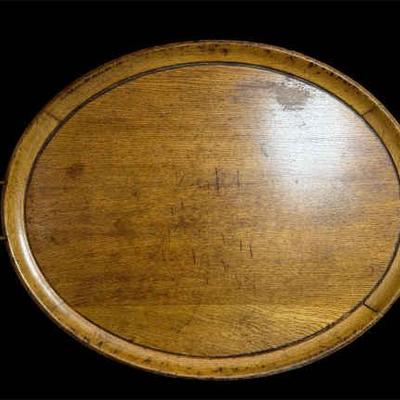 Antique large wooden tray w brass handles