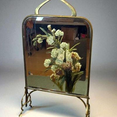 Antique victorian brass floral painted mirror fire screen