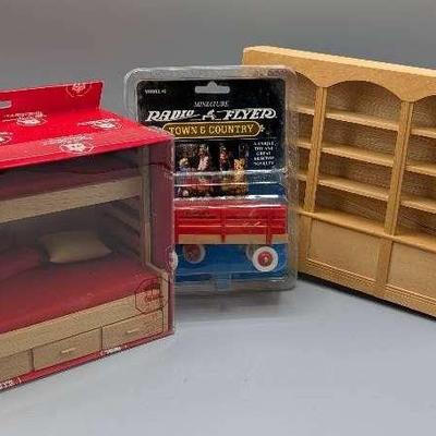 Dollhouse Miniature Bunk Beds, Bookcase, and Wagon