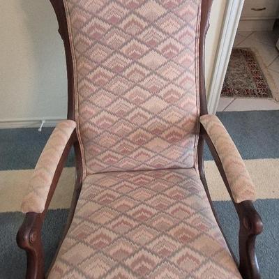 Antique Gooseneck Wood & Upholstered Rocking Chair 