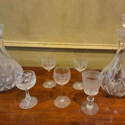 Vintage Decanters (2) & Small Liquer Glasses (5)