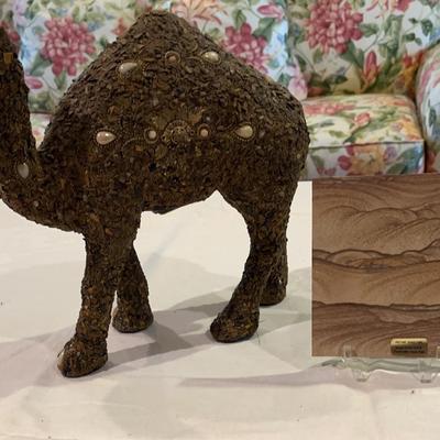 Vintage Indo-Wood Camel Statue & Desert Sandscapes Picture Sandstone Tile