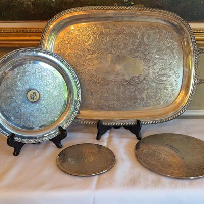 Wallace Milford Silverplate Tray, Oneida Silverplate Plate, Silverplate Trivets 