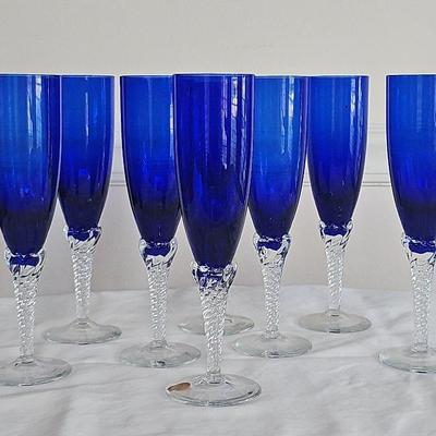 Eight colony pirouette cobalt blue Champagne Flutes glasses clear twisted stem