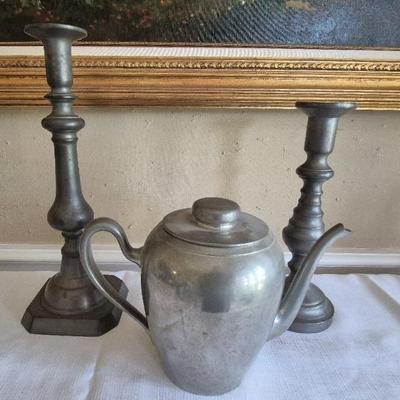 Pewter Teapot And Candlestick Holders