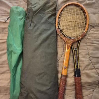 Single Tent, Chair, And Tennis Rackets
