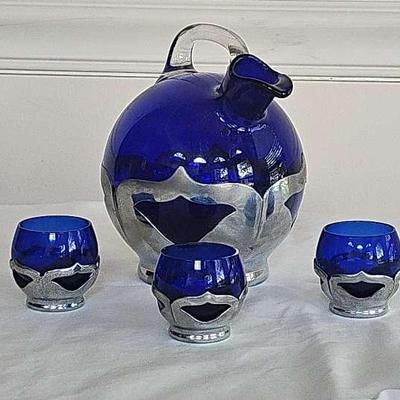 1930's Farber Bros. Cambridge Cobalt Blue Glass & Chrome decanter set 