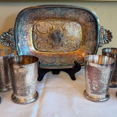 Barkers Ellis Silver Plate Serving Tray And Barker Ellis Cups