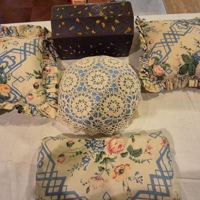 Shabby Chic Pillows & Vintage Wood Box