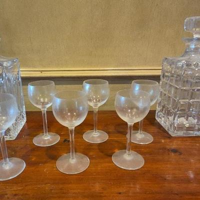 Vintage Decanters (2) & 6 Small Llquer Glasses