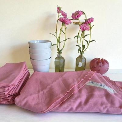 Dusty Rose Tablecloth With Matching Napkins, Vase, Pots, And Decor