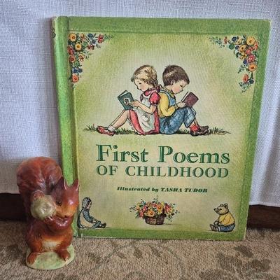 Beatrix Potter's Squirrel Nutkin Figurine and First Poems Of Childhood Illustrated By Tasha Tudor