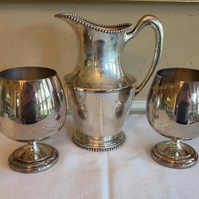 Roslyn Silver On Copper Pitcher And 2 Goblets