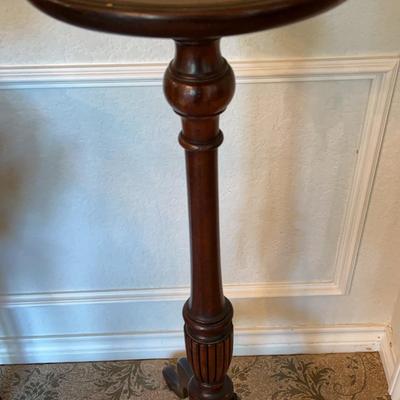 Vintage Brown Mahogany Tripod Table With Plant,  36” Tall X 12” Wide