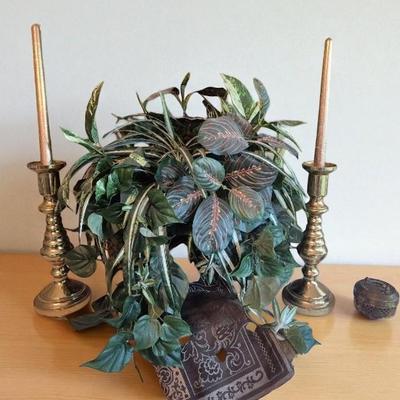 Brass Candlestick Holders, Vintage Brass Cricket Box, And Artificial Plant