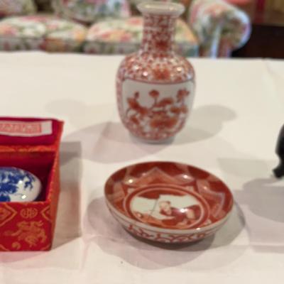 Japanese Alum Red Porcelain Hand Painted Lotus Pottery, Sake Cup, Chinese Soapstone Rooster & More,