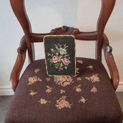 Antique Carved Mahogany Victorian Side Chair & Framed Tapestry 