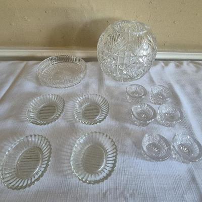 Crystal Vase, Crystal Pinch Pots, Crystal Condiment Trays, And Crystal Dish