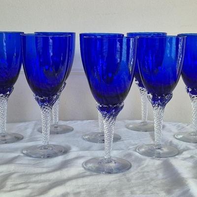 Eight colony pirouette cobalt blue wine glasses clear twisted stem