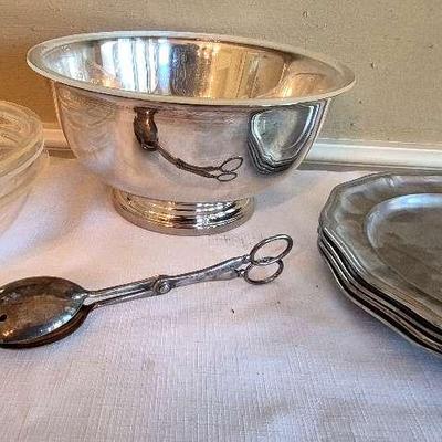 Gotham Serving Bowl With Plastic Insert, 4 Walton Plates, Silverplate Salad Spoon, And More