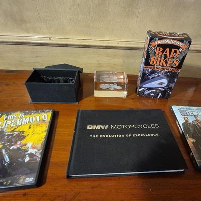 BMW Glass Etched Paperweight In Case, BMW Motorcycles Book, Supermoto DVD, Bad Bikes VHS Tapes