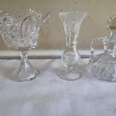 Cut Glass Crystal Cruet, Small Vase, And Candle Holder 