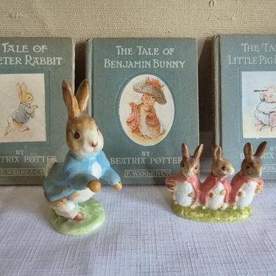 3 Beatrix Potter Books, Peter Rabit Figurine, And Flopsy Mopsy And Cottontail Figurine 