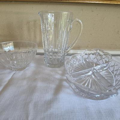 Crystal Pitcher, Crystal Bowl, And Crystal Dish